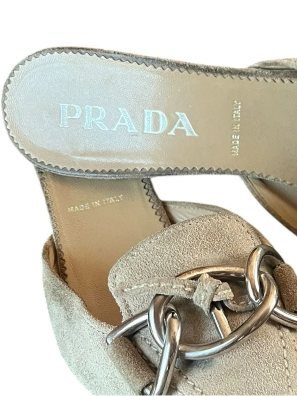 Prada Vintage Suede Mule Kitten Heels Khaki 38 (US 7.5–8) Chain Pointed Toe - Picture 6 of 6
